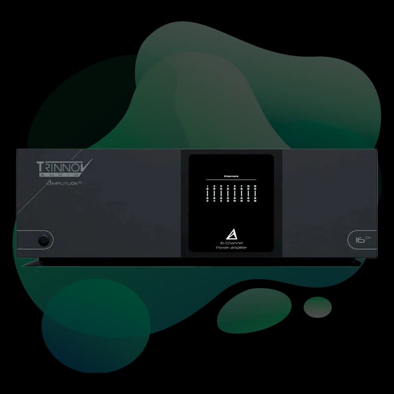 Trinnov Amplitude16 front panel with LED display and 16-channel meters