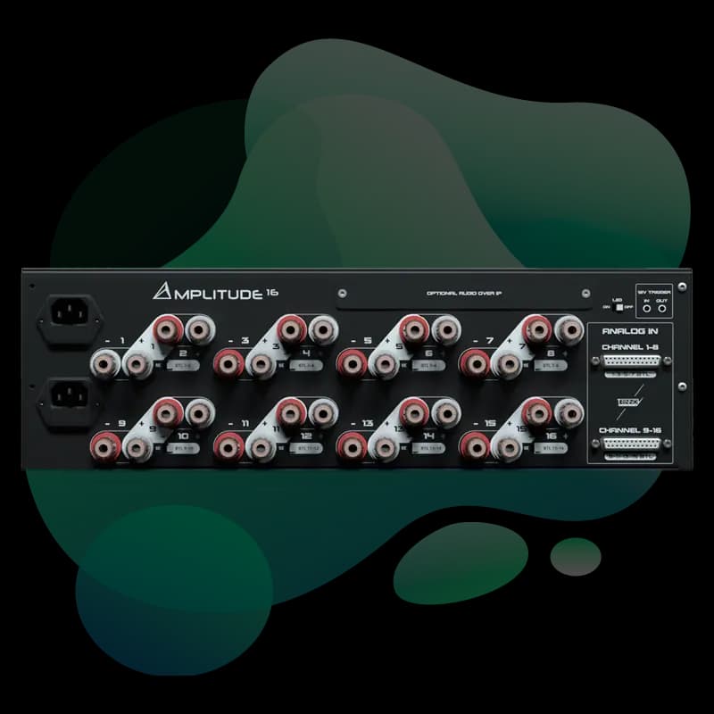 Trinnov Amplitude16 rear panel showing DB25 inputs, speaker outputs, and Dante slot