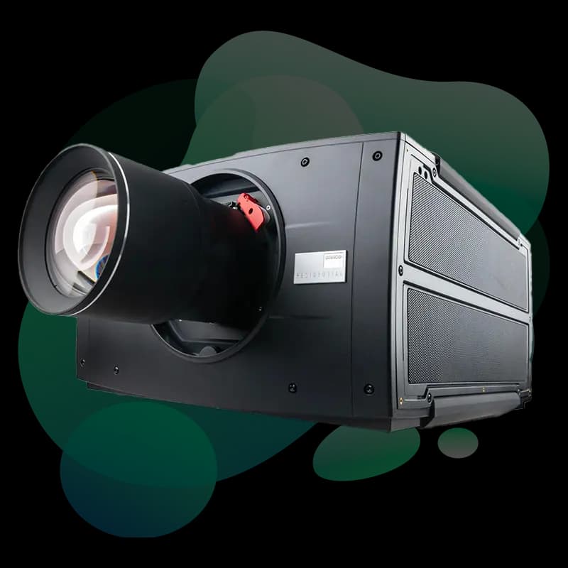 Barco Heimdall RGB laser projector — Pulse Series, front-right perspective