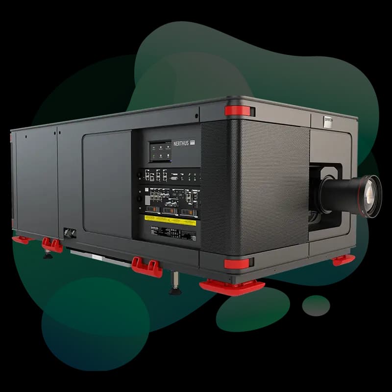 Barco Nerthus DCI 4K RGB laser cinema projector front view showing three-chip DLP lens and chassis