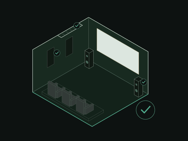 Animated Certificate of Kurrency mark inspecting a cinema screen with a loupe