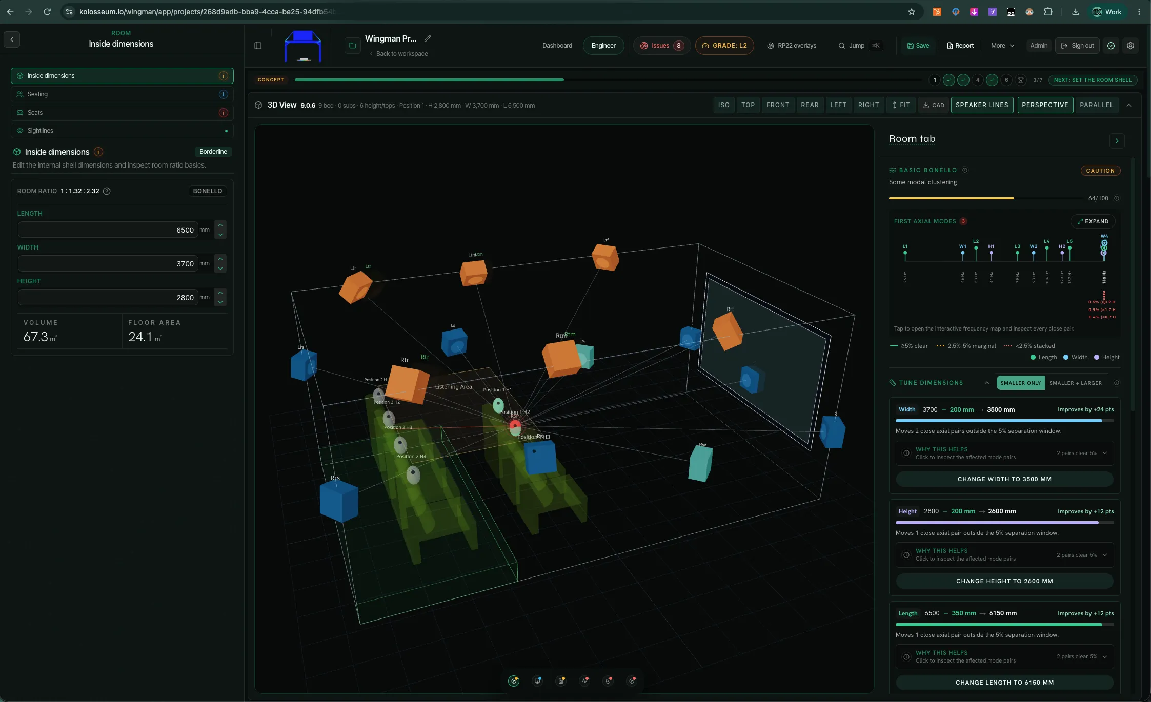 Wingman Konsult interface showing a cinema room model, design issues and room-mode guidance