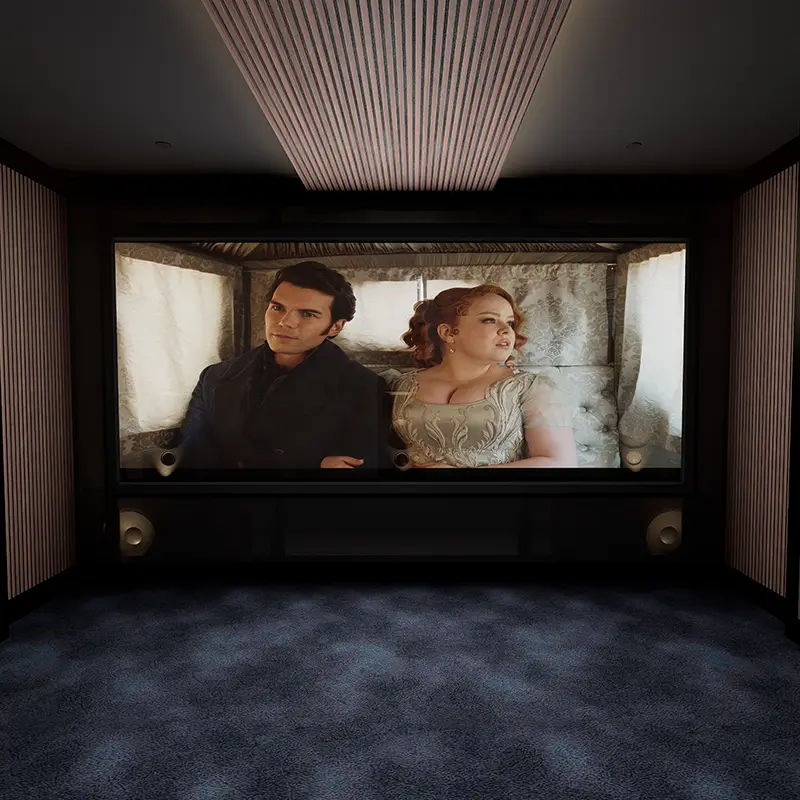 Finished Kolosseum cinema screen wall with fluted acoustic timber and fabric panels