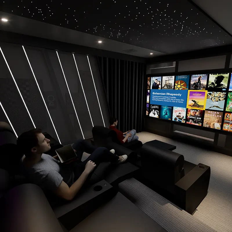 Dark screening-room design-development render with concealed acoustic wall treatment