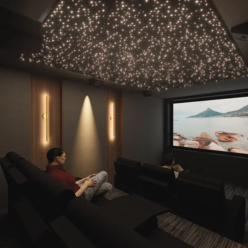 Private cinema designed by Kolosseum — fibre-optic star ceiling, tiered seating and fabric-finished acoustic walls