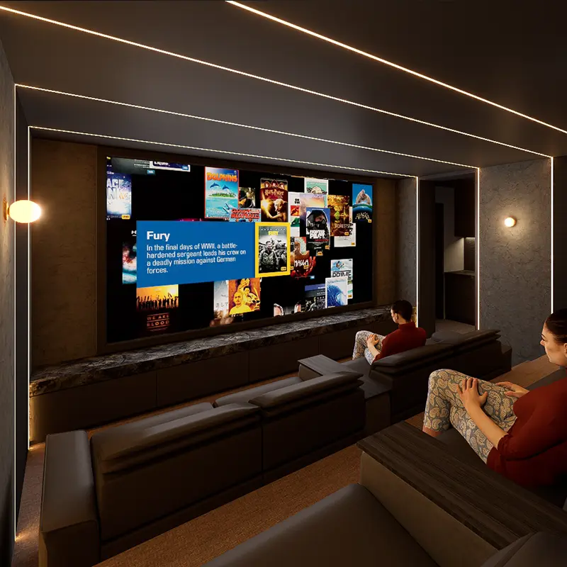 Quiet-luxury cinema design-development render with restrained linear lighting
