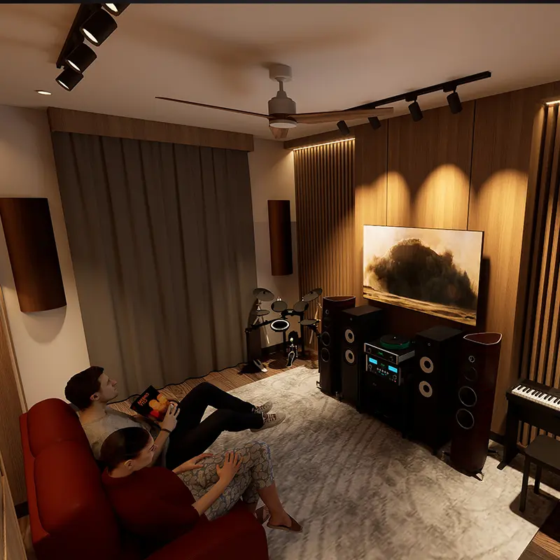 Living-cinema design-development render with timber walls and a daylight room setting