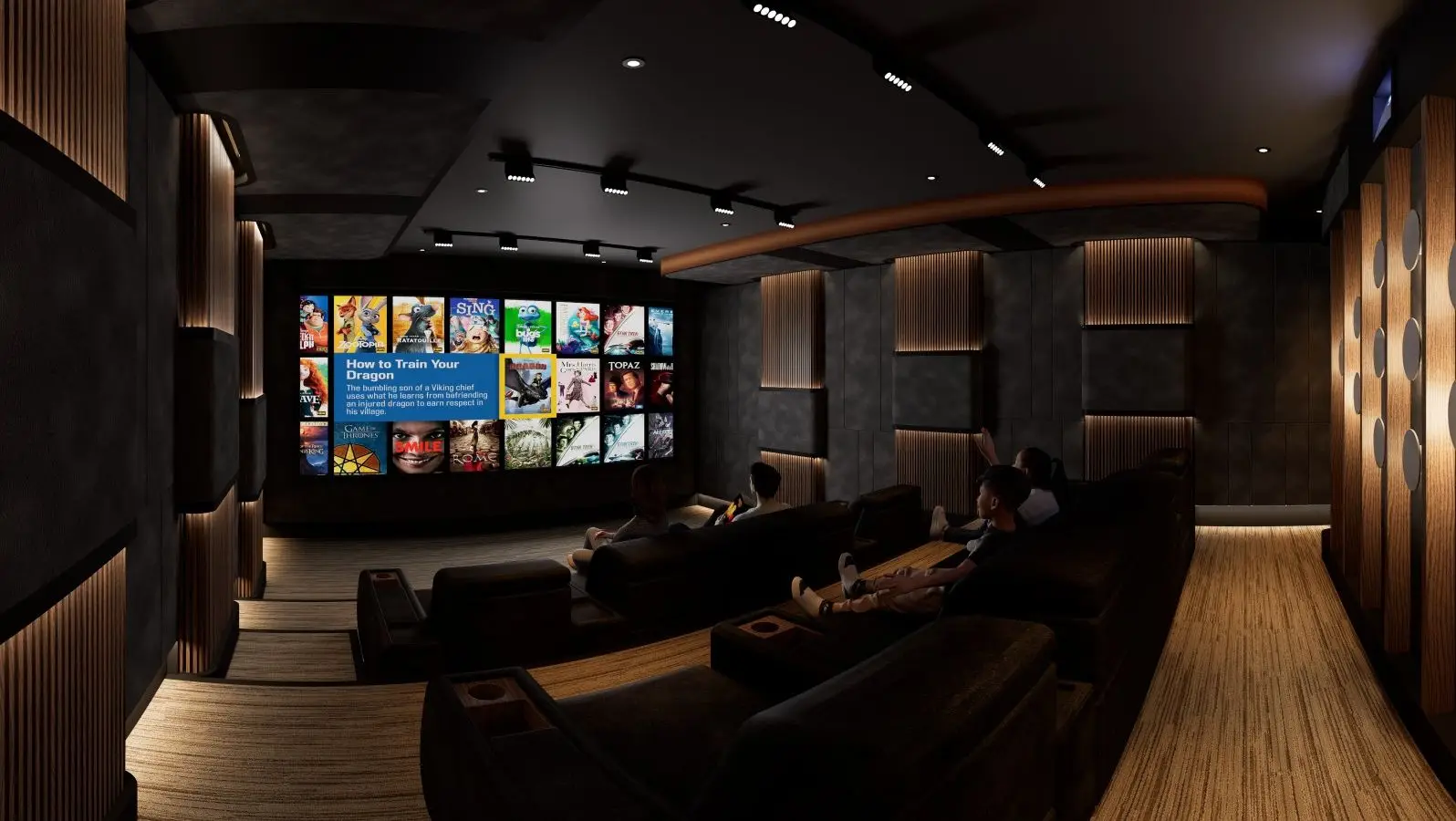 A Kolosseum private cinema in design development: tiered seating facing the screen wall, with timber acoustic panels and warm cove lighting