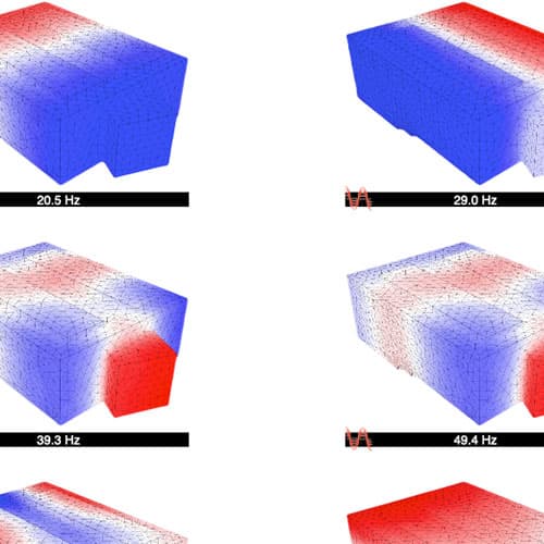 Finite-element simulation of a cinema room's low-frequency pressure modes, from 20.5 Hz upward