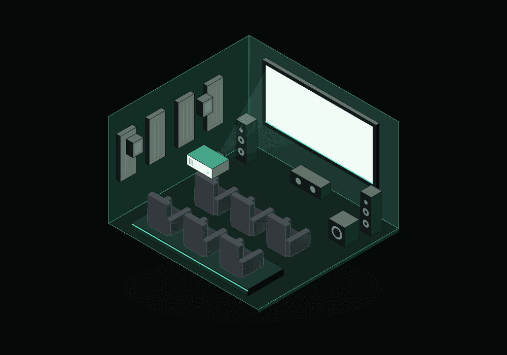Konfigurator cinema concept with a screen, two seating rows, speakers and room dimensions