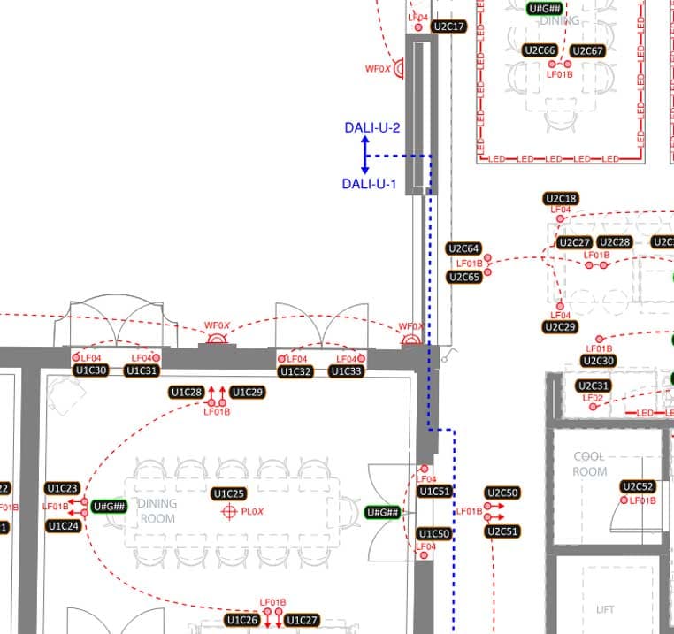 Cleaned-up drawing crop with lighter architectural linework, clear device references, red control routes and blue DALI line labels