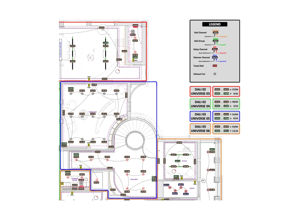 Annotated lighting control floor plan with DALI channel groups