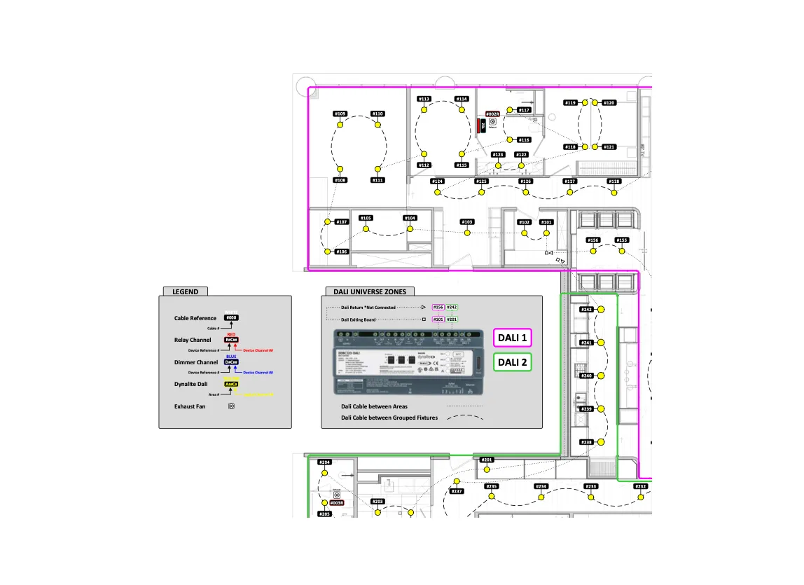Residential lighting floor plan with DALI universe zones