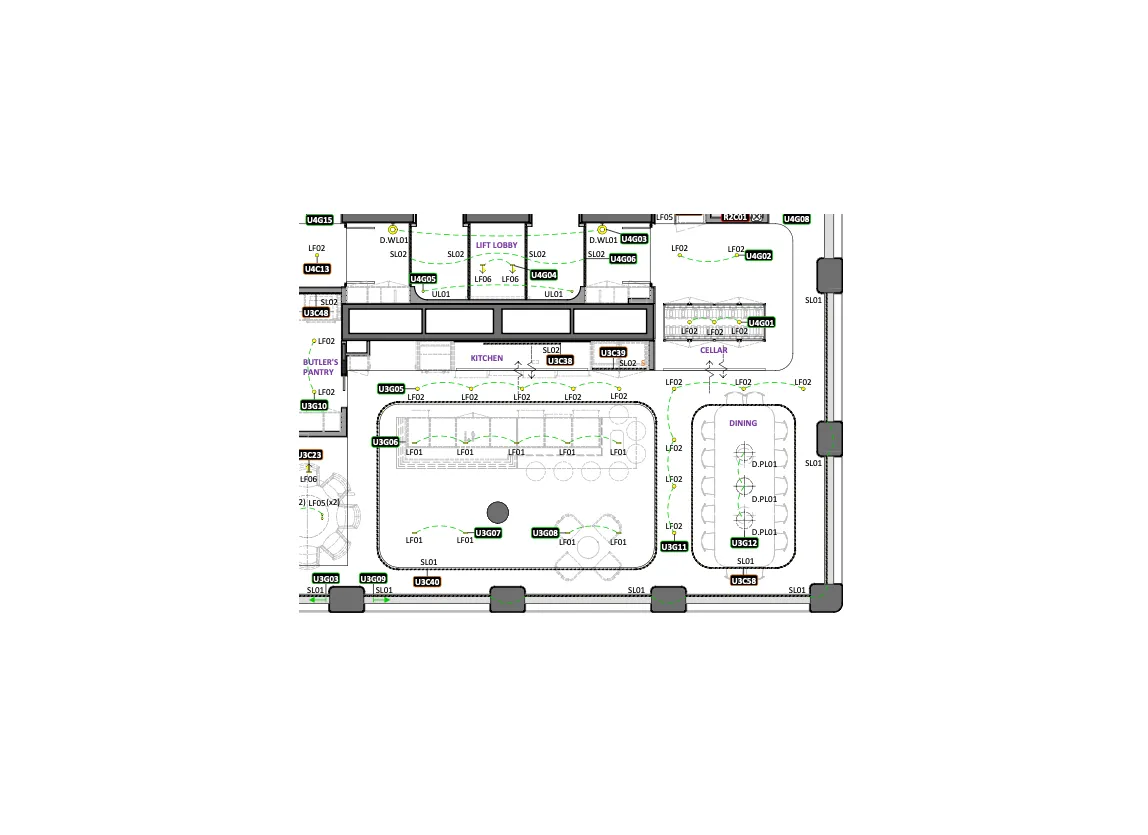 Detailed lighting layout for kitchen and dining areas