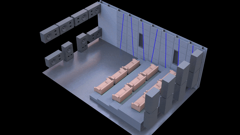 Trinnov WaveForming propagation demonstration showing coherent wavefronts from front and rear subwoofer arrays