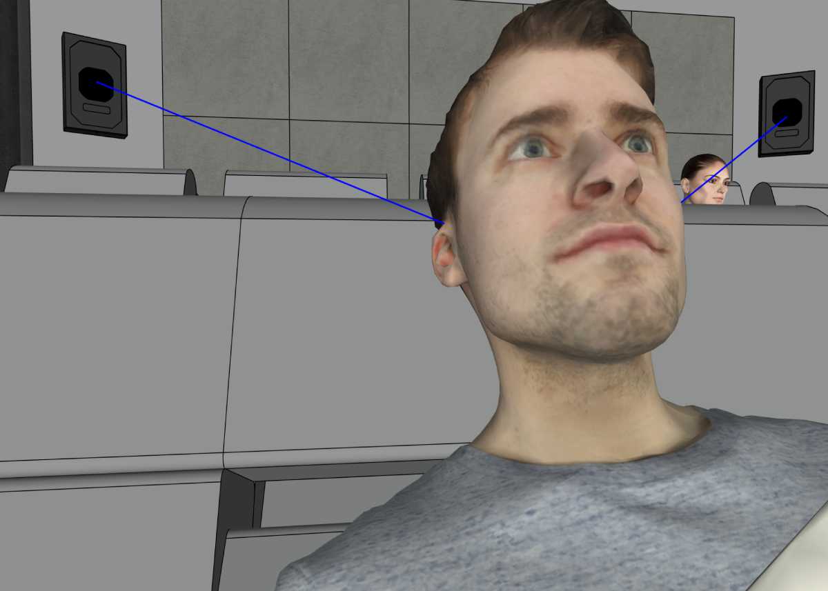 Ear of sight speaker dispersion to listener